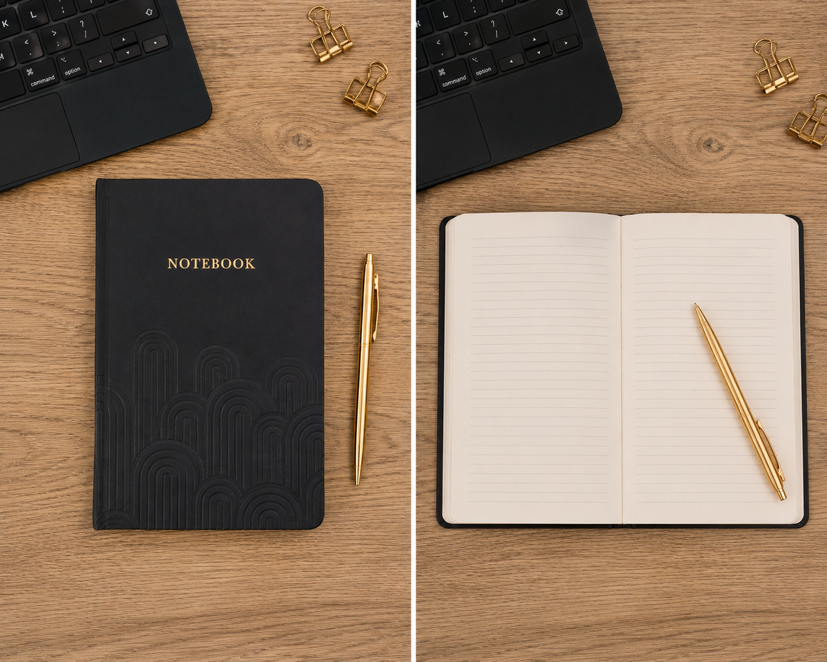A black hardcover notebook with gold lettering and a matching gold pen, 
