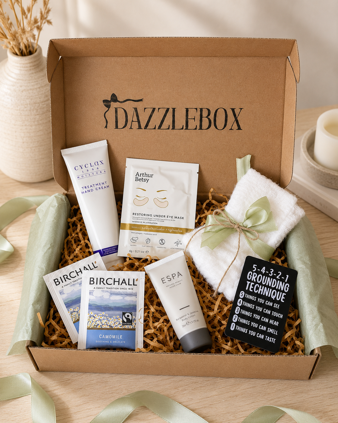A DazzleBox gift box filled with skincare and wellness items, including a tube of Cyclox Hand Cream, a packet of Arthurffy Breath Freshener, a folded white towel with a green ribbon, two Birchall Camomile tea bags, an ESPA hand cream tube, and a grounding technique card, arranged in brown tissue paper.