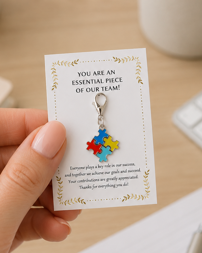 A hand holds a small jewelry card featuring a puzzle-piece charm in red, blue, yellow, and white. The card reads, 'YOU ARE AN ESSENTIAL PIECE OF OUR TEAM!' and is photographed on a light wood desk with a coffee mug, keyboard, and notebook in the background.