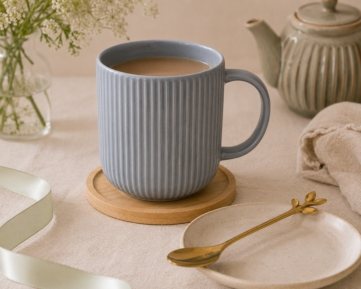 A ribbed ceramic mug filled with a light brown beverage sits on a round wooden coaster on a beige tablecloth. A matching beige plate with a gold spoon rests nearby, with a ceramic teapot in the background and soft floral decor in the foreground.