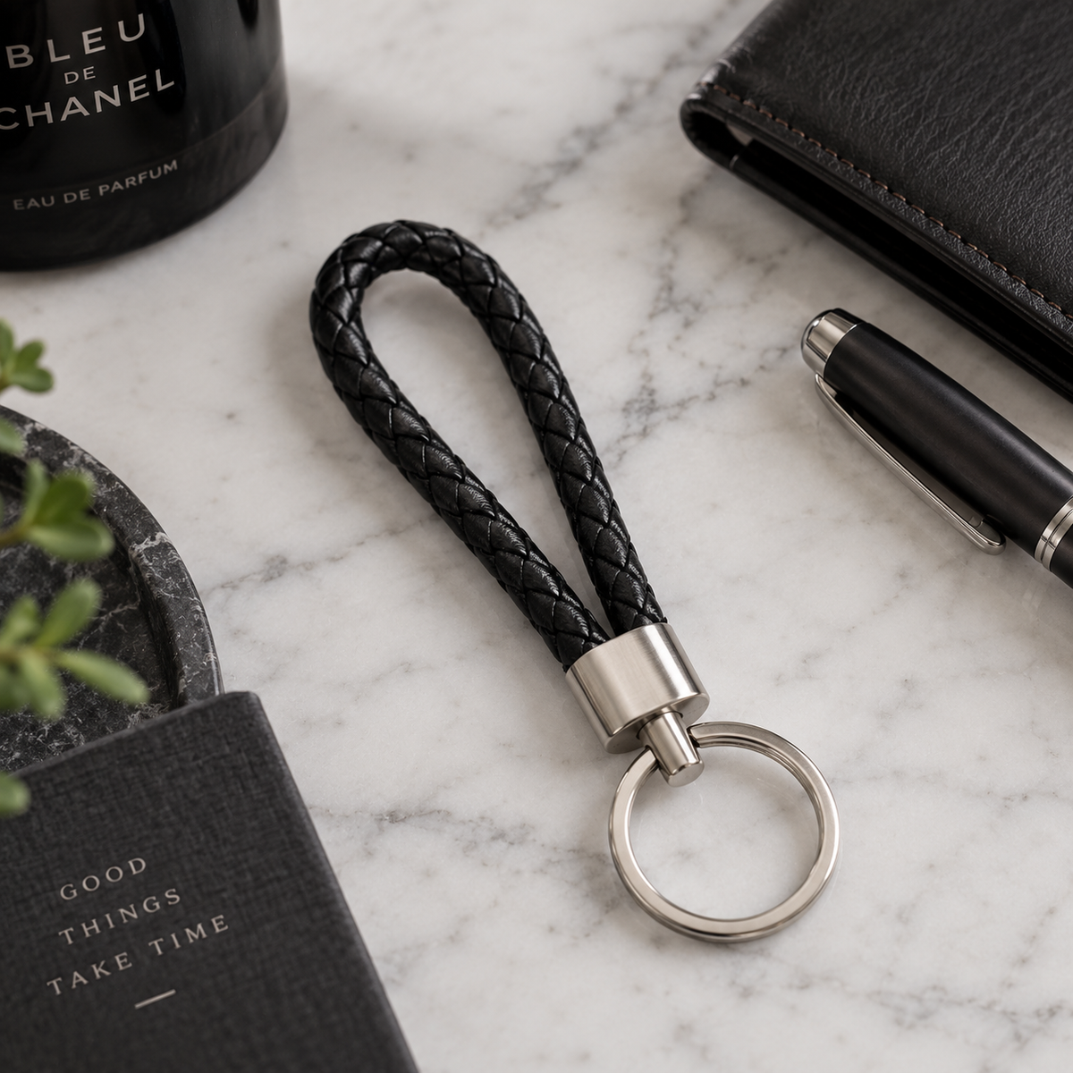 Black Faux Leather Keychain for Him - 11 x 3 cm