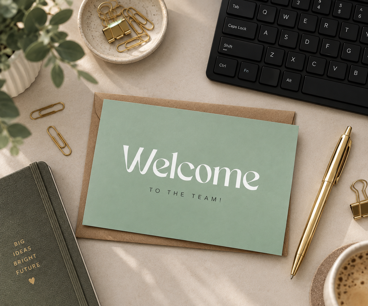 A mint green 'Welcome to the Team!' greeting card dazzlebox
