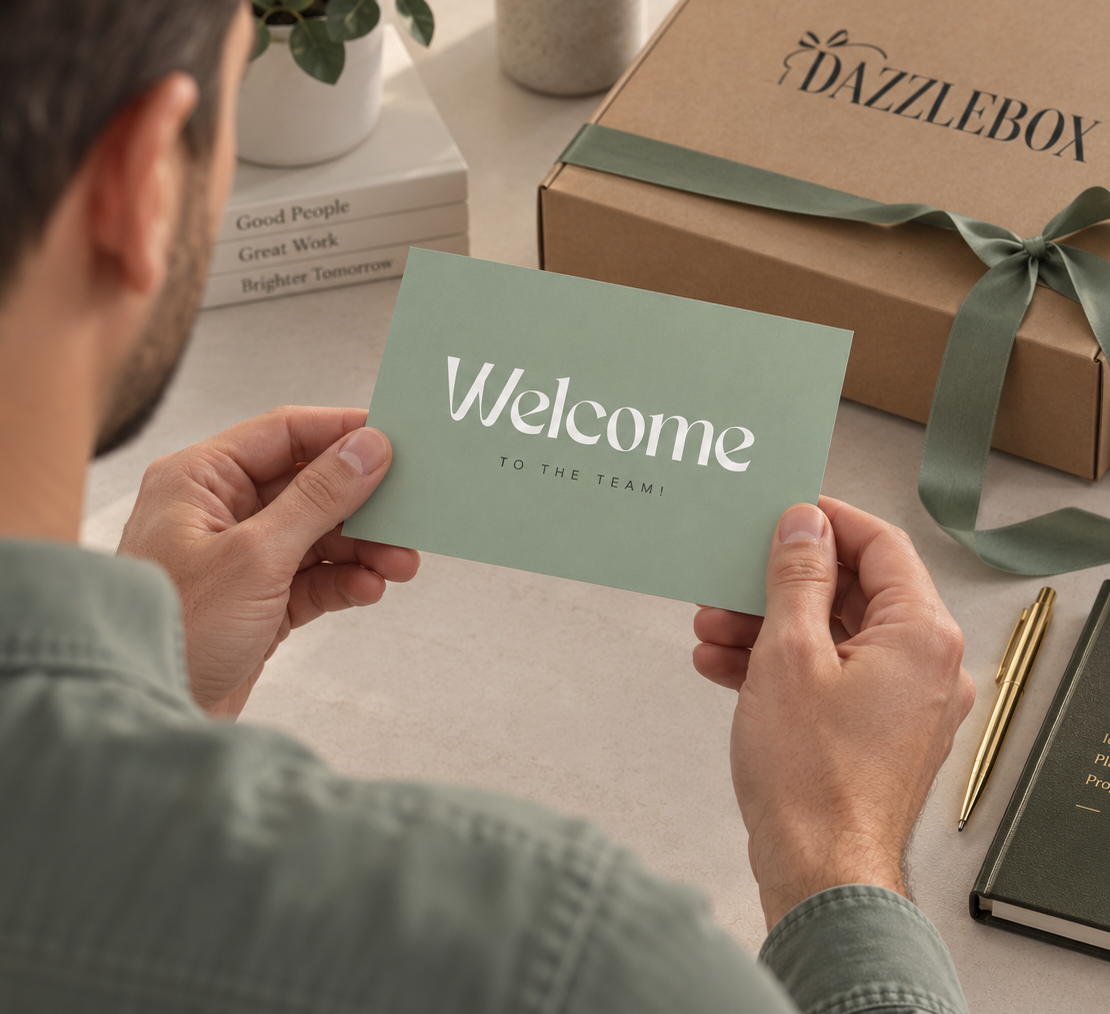 A man holds a sage green 'Welcome to the team!' card in front of a DazzleBox gift box on a desk. The scene is shot from an over-the-shoulder perspective, showing the man in a sage green shirt in a bright, modern office environment.
