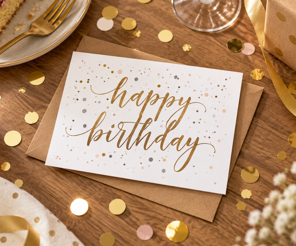 A white 'happy birthday' greeting card with gold script lettering and scattered gold, rose gold, and silver confetti, resting on a brown kraft envelope on a wooden table surrounded by party decorations including a slice of cake, gold ribbon, glass, candle, dazzlebox gift box.