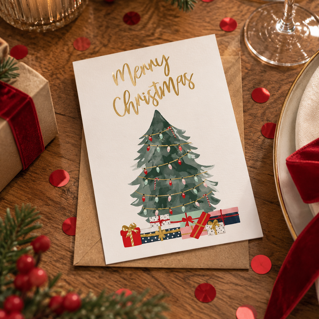 A Christmas greeting card with a watercolor green tree and gold 'Merry Christmas' text, placed on a kraft envelope on a wooden table with candles, dazzlebox gifts, pine branches, and red confetti.