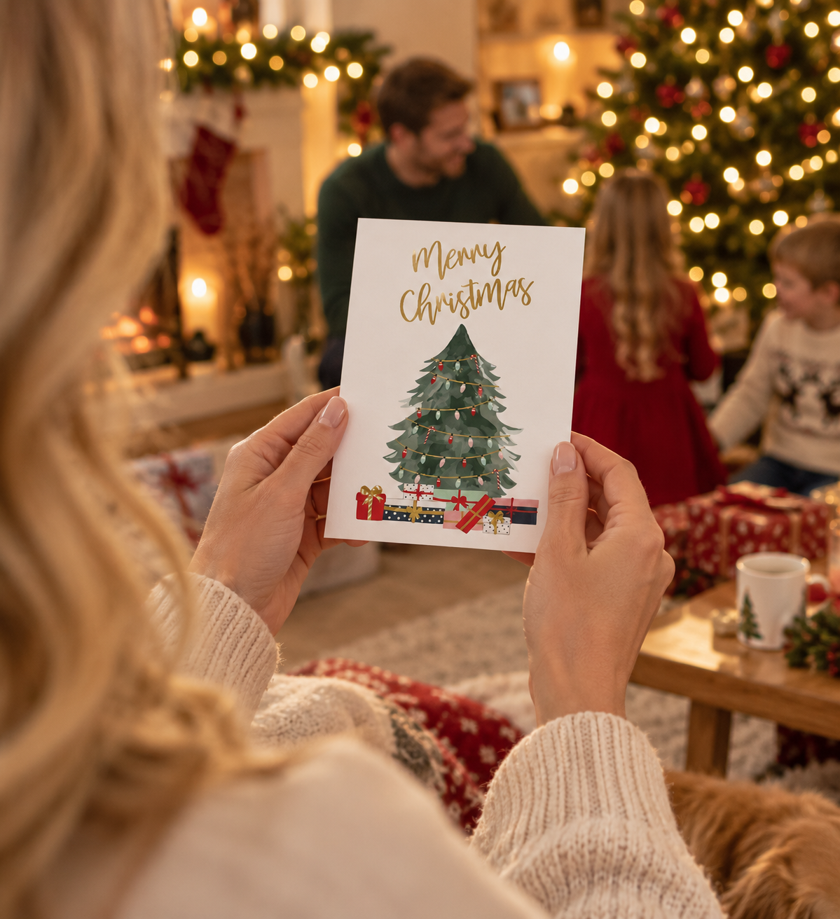 A person in a cozy living room holds a white Christmas greeting card featuring a decorated tree and the words 'Merry Christmas' in gold script. The background shows a warm, festive holiday scene with blurred lights and family.