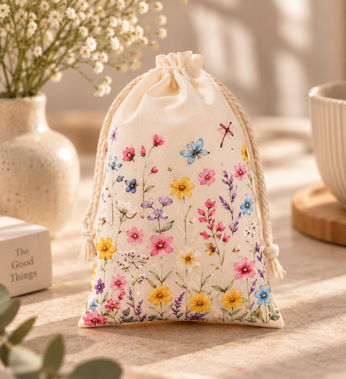 A cream-colored drawstring pouch decorated with a colorful floral and insect pattern, styled on a beige tabletop with a ceramic vase, dried flowers, and a cup in the background.