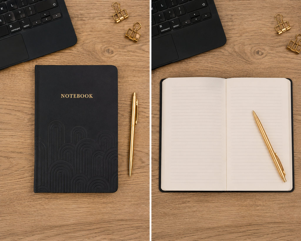 A black hardcover notebook with gold lettering and a matching gold pen, shown in a split view: closed on the left and open on the right on a wooden desk with a laptop, binder clips, and a gold pen.
