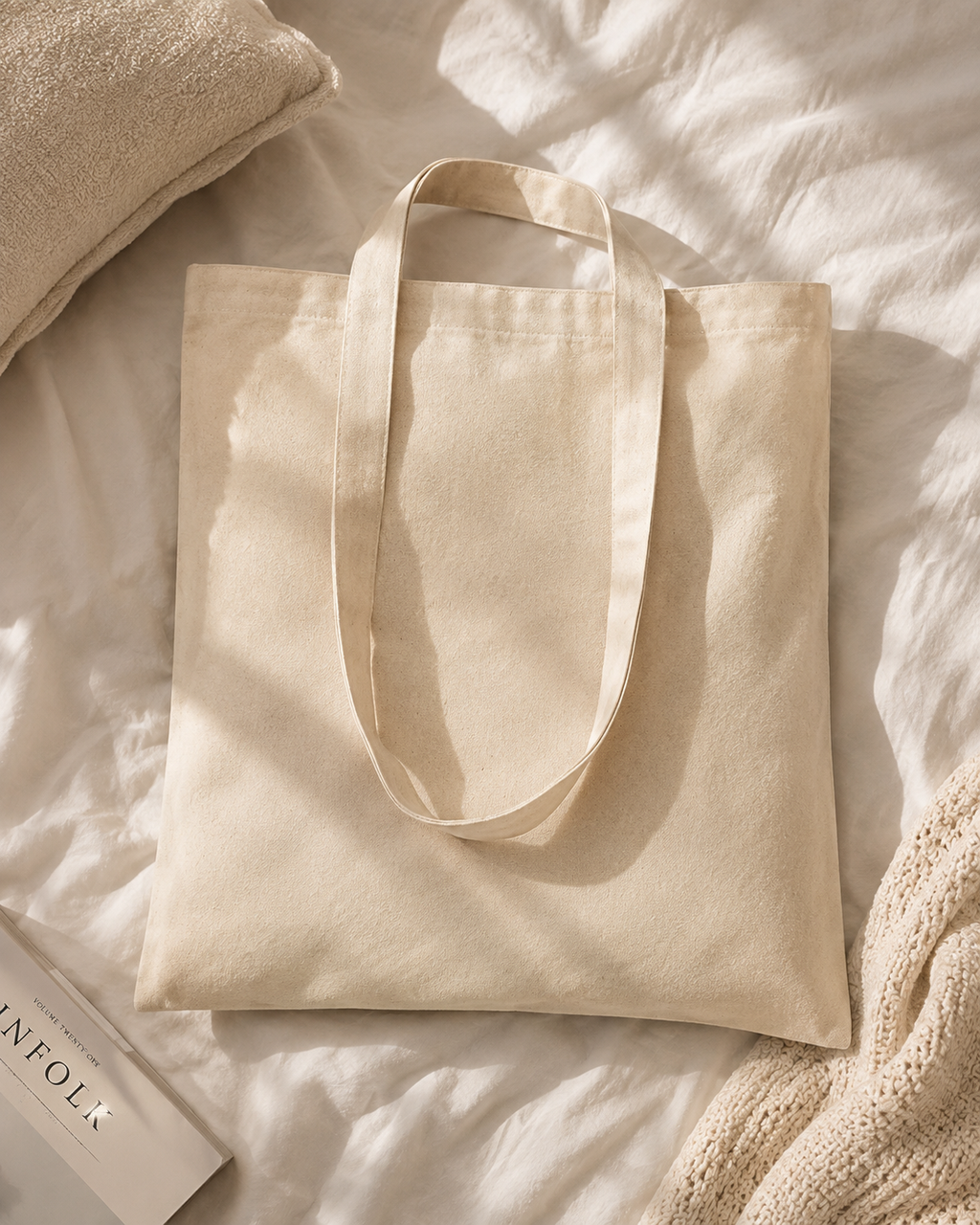 A natural canvas tote bag with two shoulder straps, laid flat on a rumpled white linen surface with soft sunlight and shadows. 