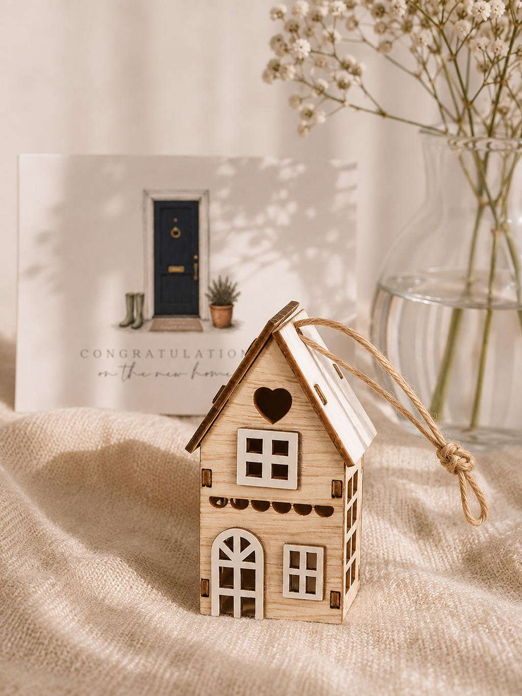 A small wooden house ornament with a hanging string sits on a beige fabric surface. Behind it is a greeting card reading 'Congratulations on the new home,' with baby's breath flowers in a glass vase in the background.