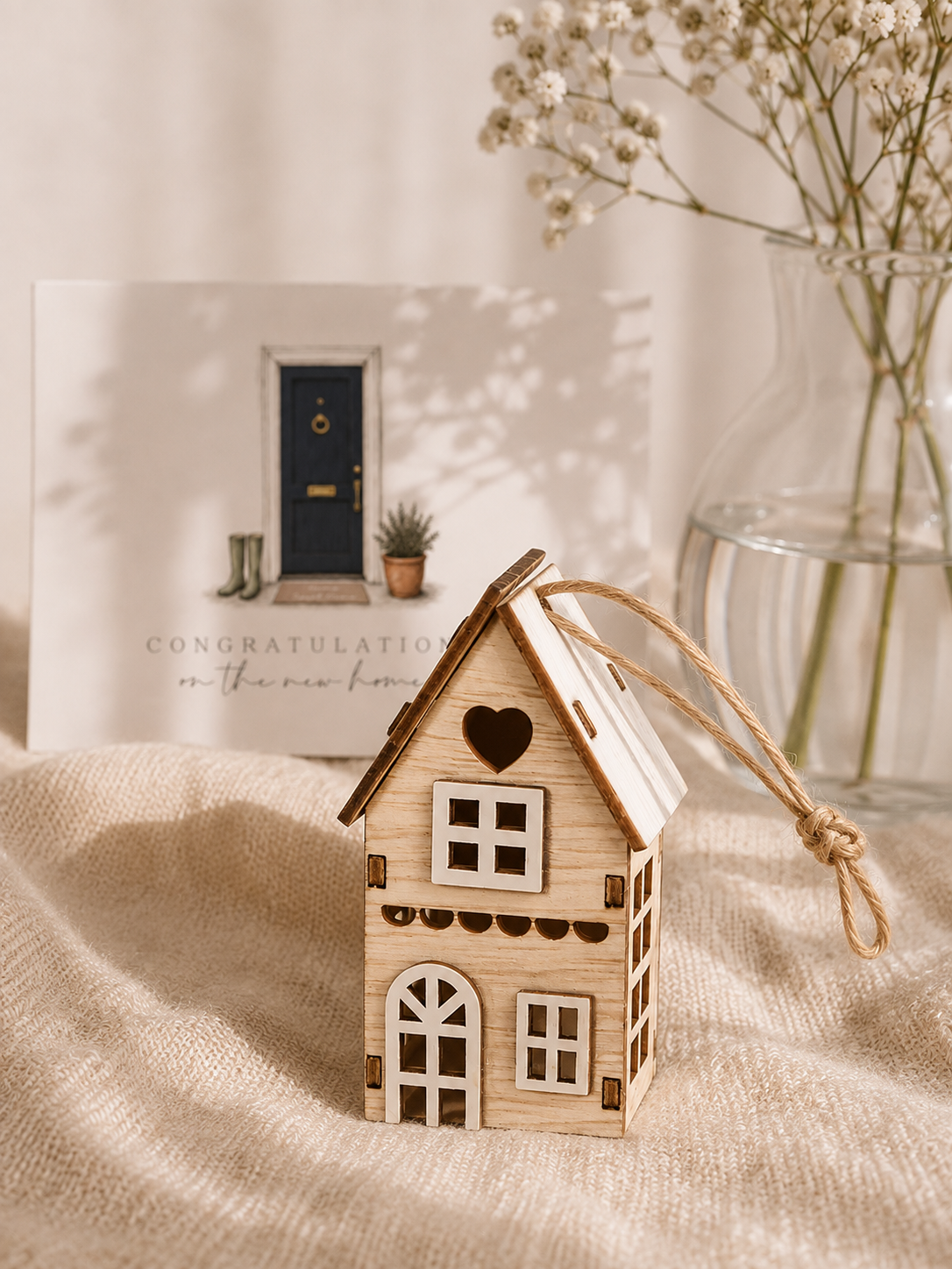 A small wooden house ornament with a hanging string sits on a beige fabric surface. Behind it is a greeting card reading 'Congratulations on the new home,' with baby's breath flowers in a glass vase in the background.