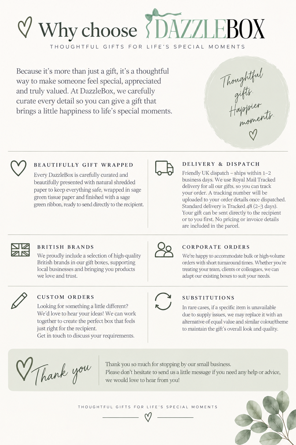 A promotional informational graphic for DazzleBox, detailing their gift wrapping, delivery, and corporate order policies with text and icons on a white background.