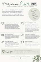 A promotional informational graphic for DazzleBox, detailing their gift wrapping, delivery, and corporate order policies with text and icons on a white background.