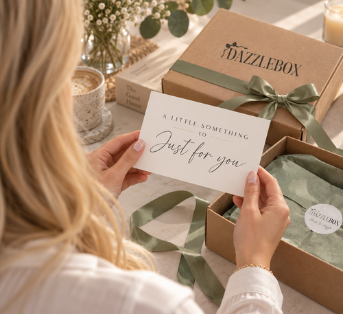 A woman holds a white card that reads 'A LITTLE SOMETHING TO Just for you' in front of an open Dazzlebox gift box with a green ribbon and tissue paper, in a warm, sunlit setting.
