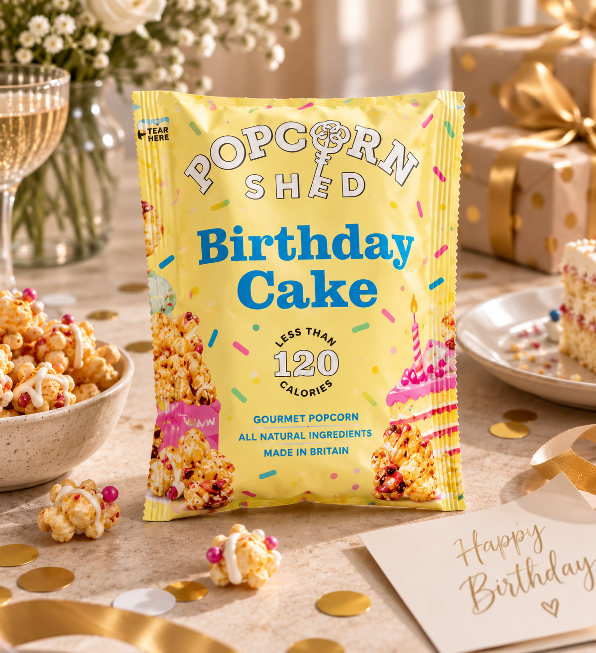 A bag of Popcorn Shed Birthday Cake gourmet popcorn stands on a decorated tabletop with cake slices, popcorn bowls, gold confetti, and a Happy Birthday card. The packaging is bright yellow with blue text and colorful sprinkle graphics. dazzlebox