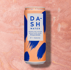 A can of Dash Water Sparkling Water with woody peaches