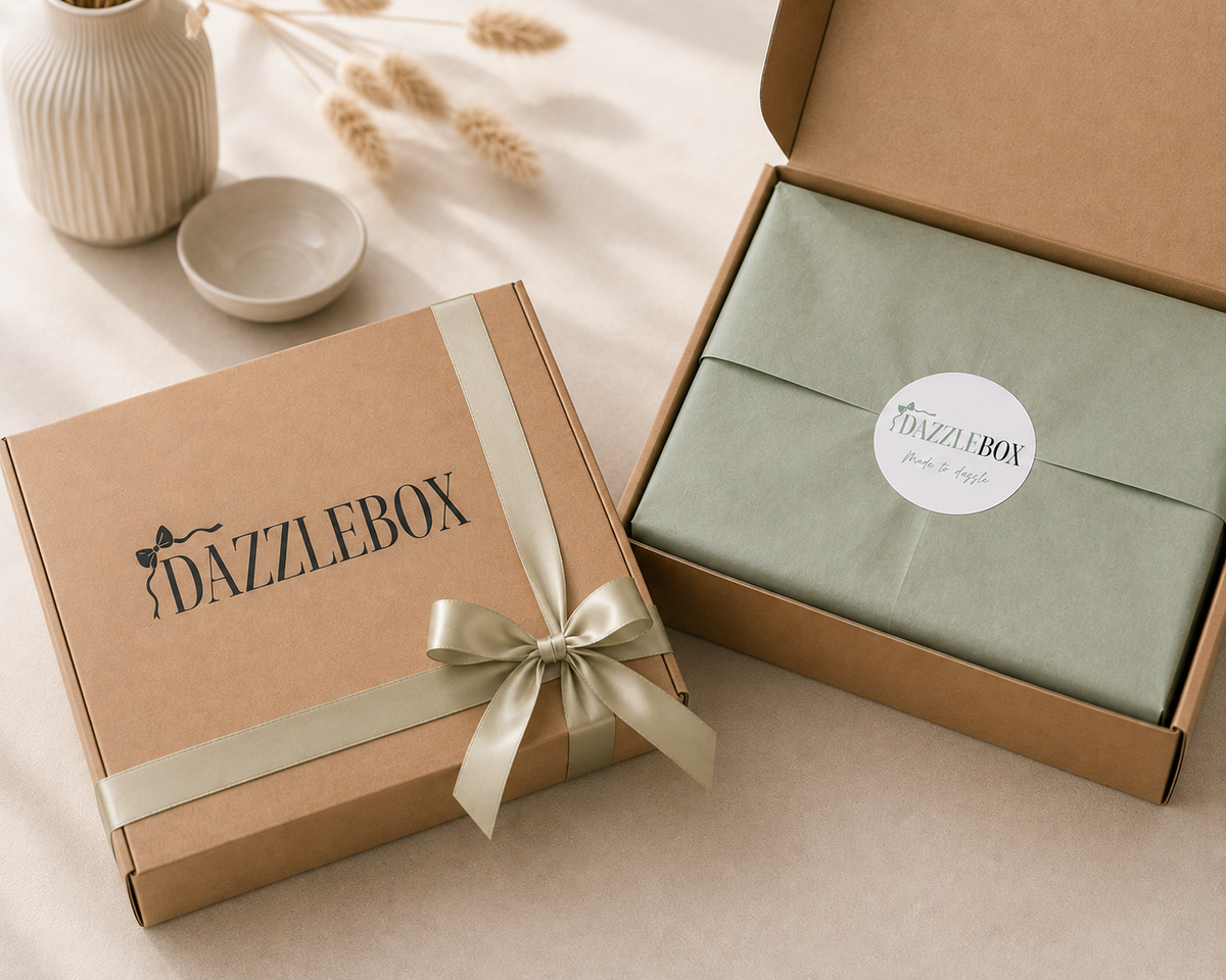 Dazzlebox gift boxes on a neutral beige surface. One box is closed, wrapped in kraft brown paper with a pale green ribbon and bow, and printed with the Dazzlebox logo.