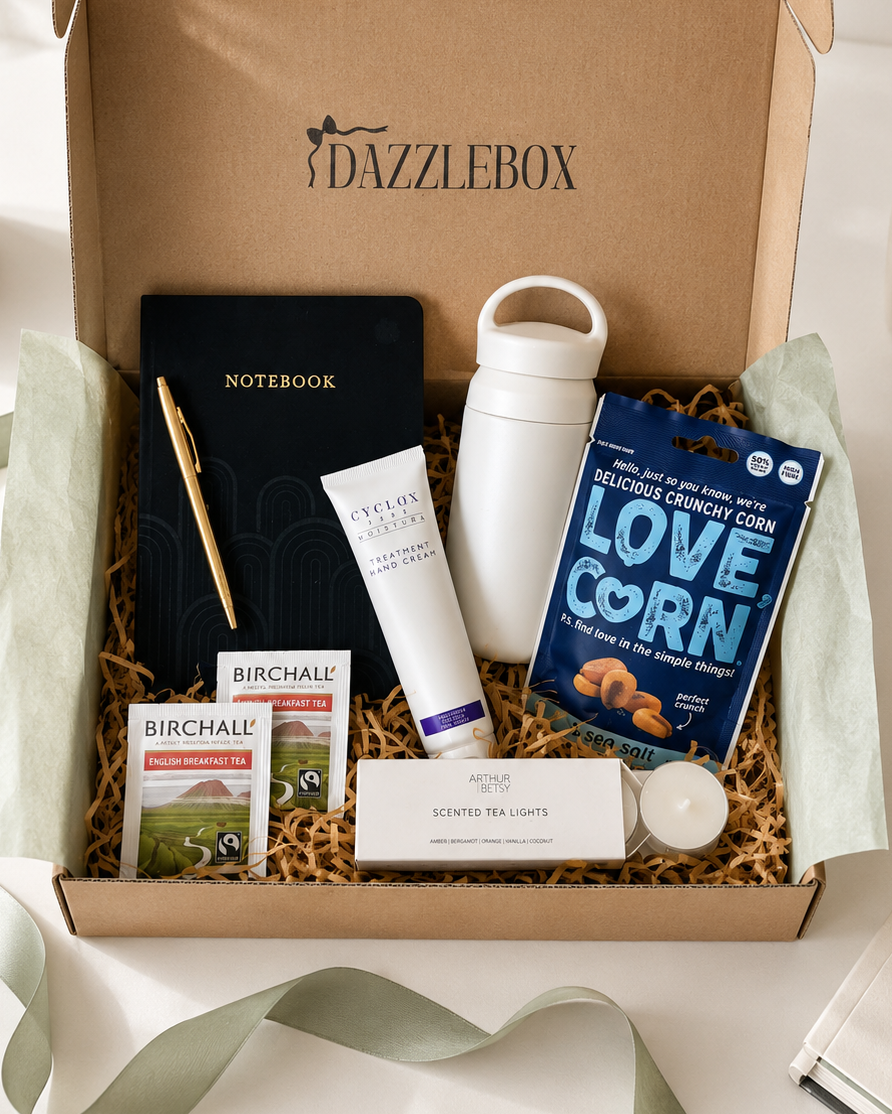 Employee onboarding gift box contents laid out on a white background