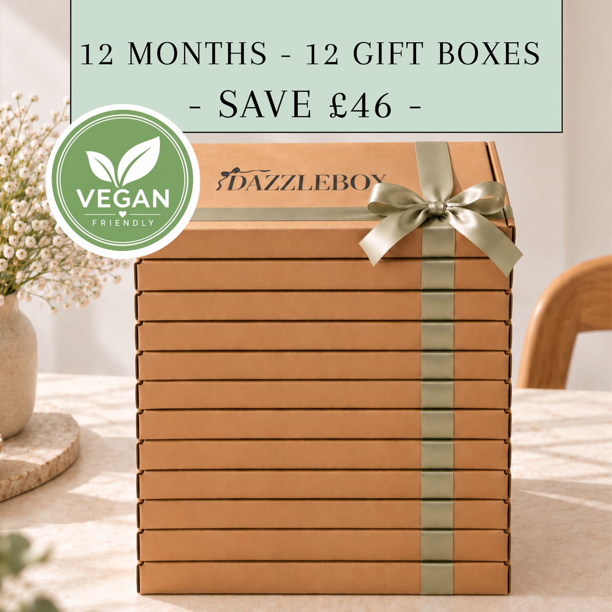 VEGAN-FRIENDLY Twelve Months - Twelve Gift Boxes | Twelve-Month Pre-Paid Upfront DazzleBox Subscription