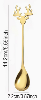 Gold-colored metal spoon with a deer head handle, shown with dimension markings of 14.2 cm (5.