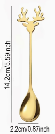 Gold-colored metal spoon with a deer head handle, shown with dimension markings of 14.2 cm (5.