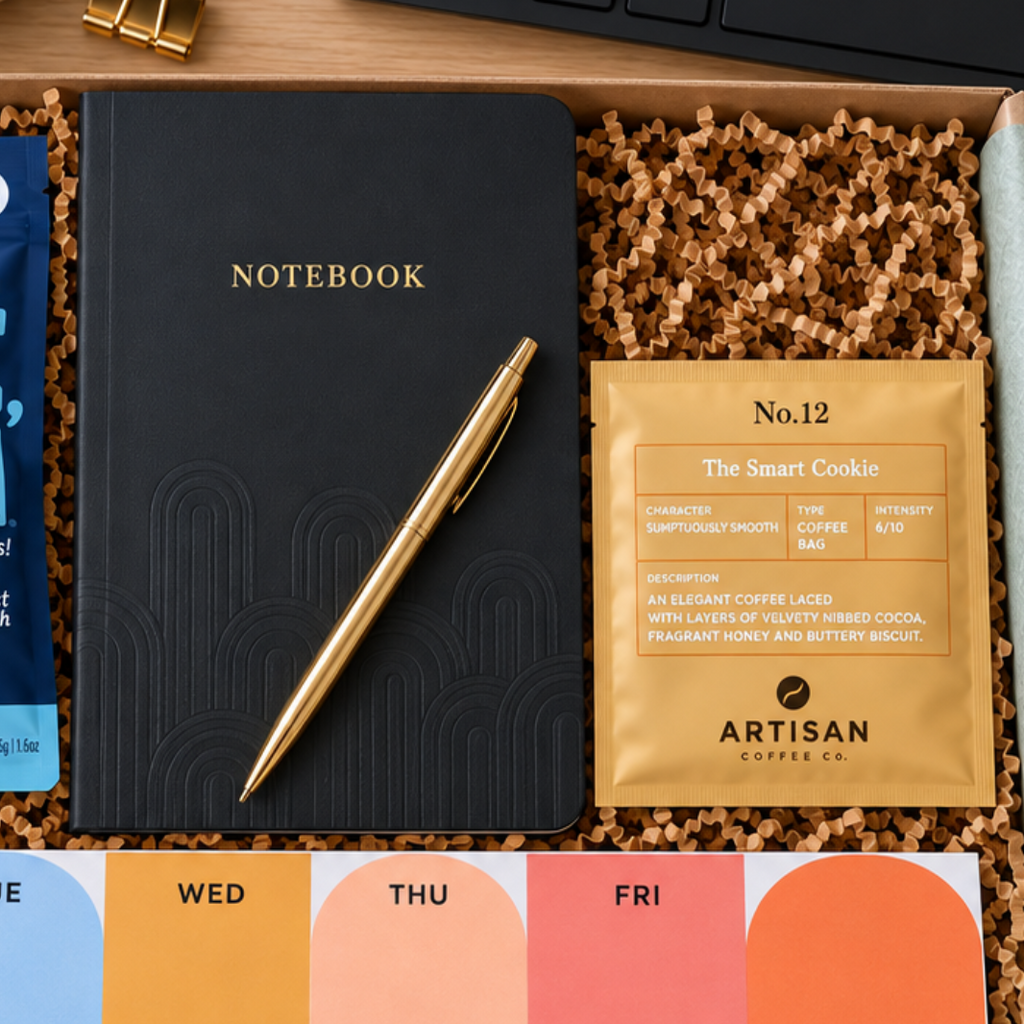 A curated dazzlebox gift box letterbox new starter corporate employee gift set gift box set displayed on a wooden desk, containing a black notebook with a gold pen, a blue bag of sea salt corn chips labeled 'LOVE CORN', a gold pouch from Artisan Allies, a weekly color card set, and a green 'Welcome to the team!' card.