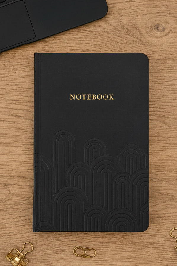 Black embossed PU notebook A5 closed, vertical product shot