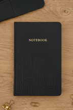 Black embossed PU notebook A5 closed, vertical product shot