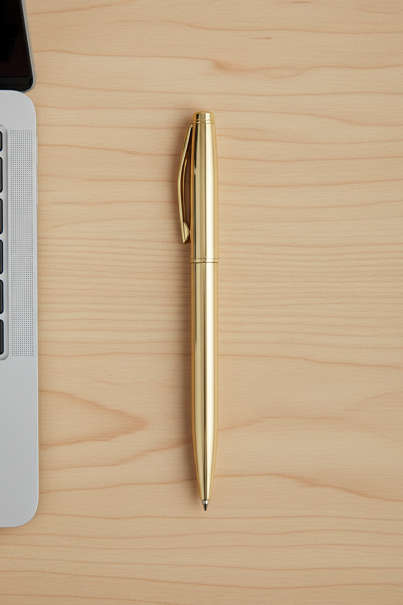 Gold ballpoint pen flat lay on Scandinavian desk with laptop keyboard