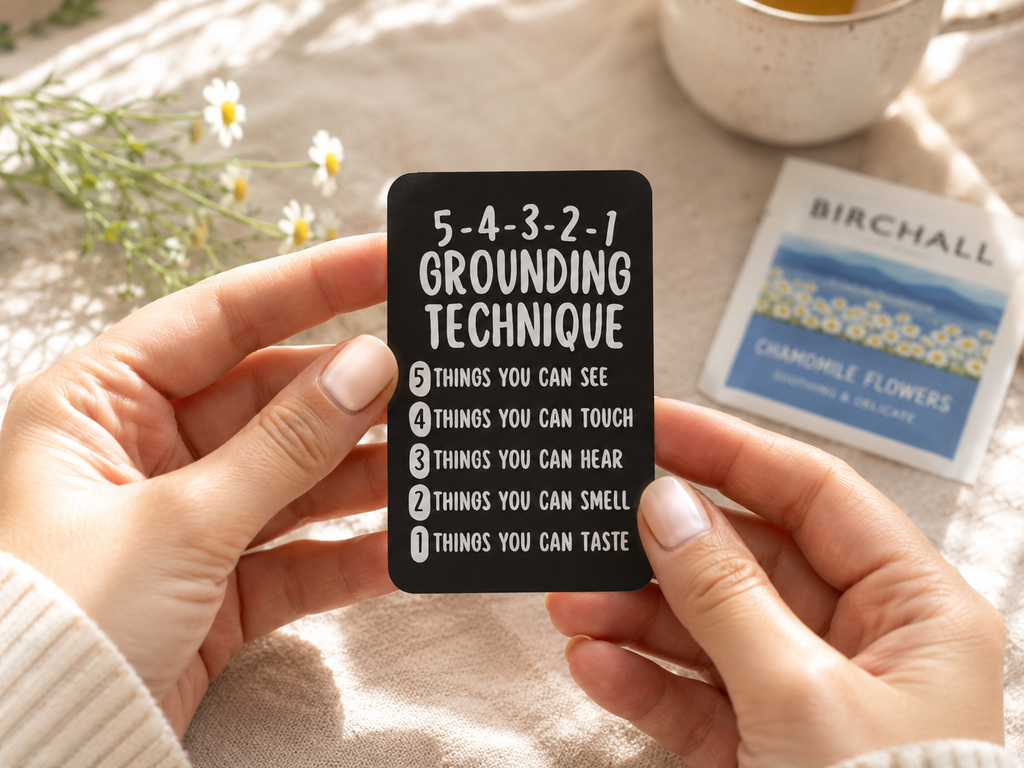 '5-4-3-2-1 GROUNDING TECHNIQUE' and a numbered list. 
