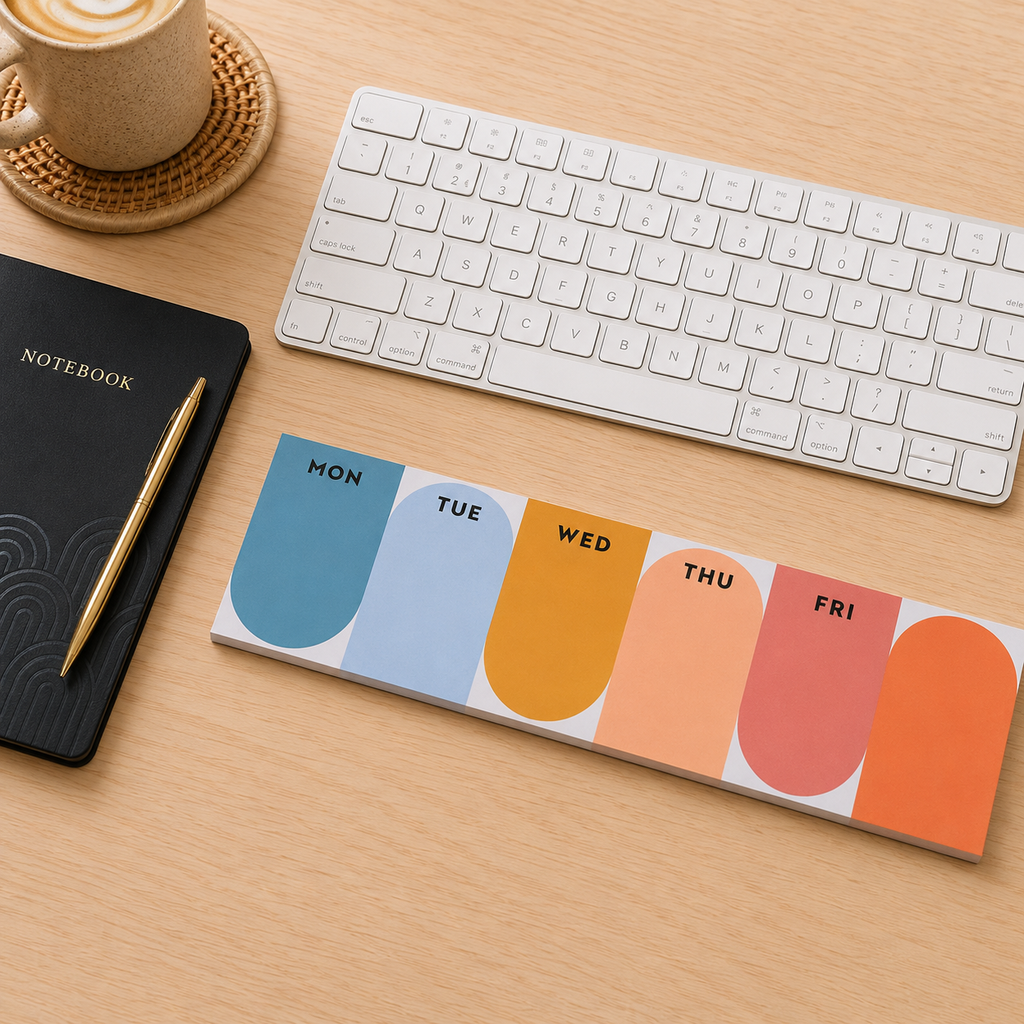 A weekly planner notepad with rounded arches in blue, light blue, orange, peach, coral, and orange, laid out on a light wood desk next to a keyboard, notebook, and pen.